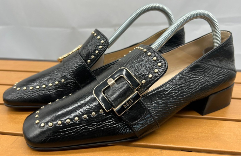 Hogl Austria Black Crinkled Leather Gold Studded Buckle Loafers Flats Size US 7